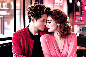 Man and woman next to each other in a cafe. Beautiful couple on a pink background.