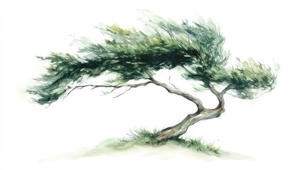 Fototapeta premium Windswept tree watercolor painting, coastal scene, nature illustration, website design