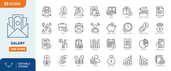 Salary icon set. Containing taxes, accounting, cash, and more. Outline Icon Collection. Vector illustration. Editable stroke