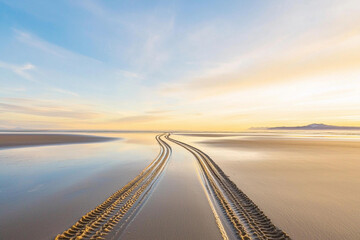 Fototapeta premium Tire tracks adorn wet sand at sunset