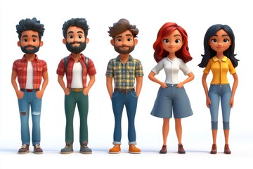 A group of five diverse, animated characters in casual clothing.