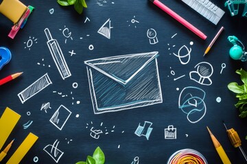Email marketing and communication concept drawn on blackboard with office supplies