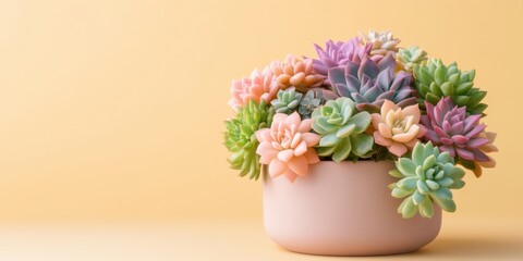 Fototapeta premium Succulent plants arrangement on pastel colored background. Potted succulent house plants. Flat lay, top view, copy space