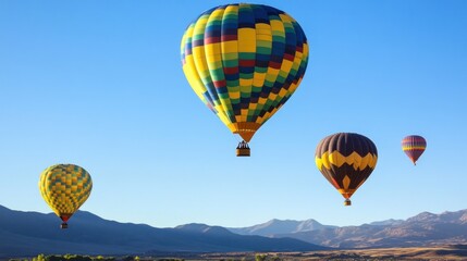 Obraz premium Colorful hot air balloons flying over mountain range