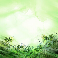 Watercolor frame, poster, scarf. Drawing of wild herbs, flowers, branches. Parsley leaves, lettuce. Whirlwind of color, paint blur. Vintage frame. Wind.hand drawn cilantro bunch. Thickets of grass