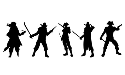 Pirates Silhouettes and Vector Set &ndash; Black and White, Pirate Ship, Skull, Treasure, Crossbones, Pirate Flag, Swords, Jolly Roger, Seafaring Adventure