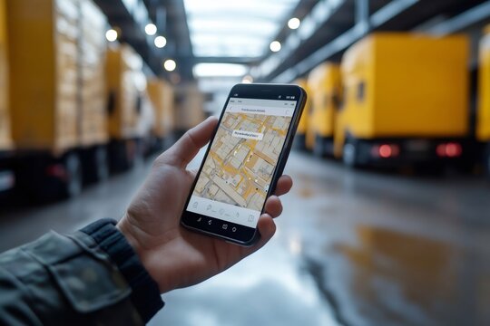 Logistics manager using gps app on smartphone in warehouse with trucks
