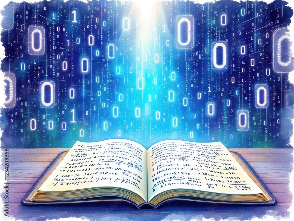 Poster open book with binary code stream illuminating the concept of digital knowledge