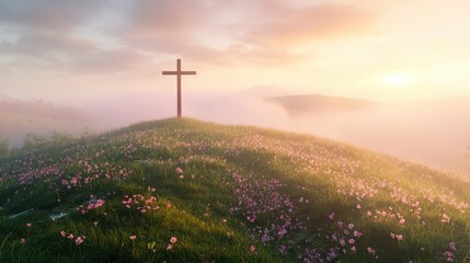 Cross on Flower-Covered Hill at Sunrise with Misty Landscape