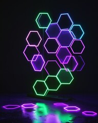 A neon green to neon purple hexagon light pattern on black background