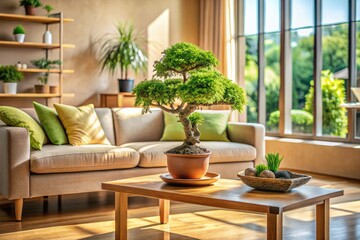 Tranquil beige living room, bonsai grace, houseplants thrive, relaxing décor creates calm.