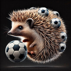 Hedgehog soccer player with a ball on a black background.