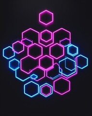 A neon pink to neon blue hexagon light pattern on black background