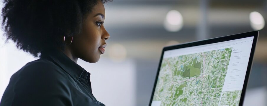 African American woman closely examining cadastral map on laptop screen, 