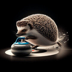 Hedgehog curling player on black background.