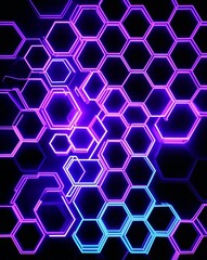A neon purple to neon blue hexagon light pattern on black background