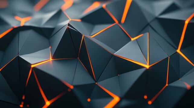 Abstract dark gray low poly background with orange glowing edges.