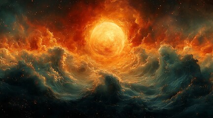 Obraz premium Dramatic artwork of fiery celestial body amidst turbulent orange and red clouds
