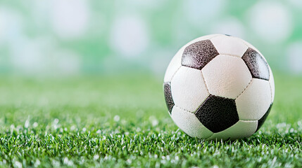 Fototapeta premium Soccer ball on green field, blurred background. Sports banner