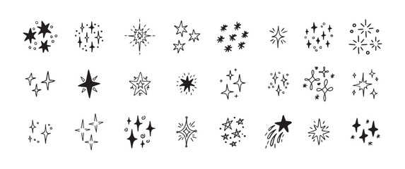Star Shine Sparkle Hand Drawn Doodle set. Glitter Icon