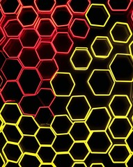 A neon red to neon yellow hexagon light pattern on black background