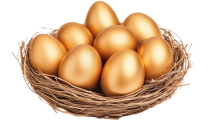 Golden eggs nestled in a bird's nest representing savings and investment on transparent background