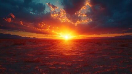 Fiery Sunset over a Desert Landscape: A Breathtaking Panorama of Nature's Majesty