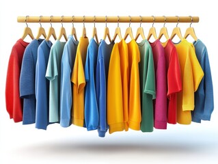 A colorful assortment of shirts hanging on a wooden rack for display.