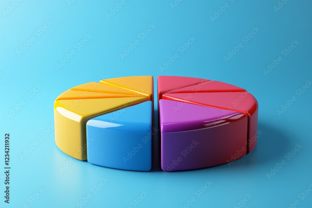 Poster Colorful segmented pie chart model on blue background used for educational purposes and data representation