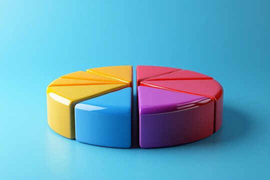 Colorful segmented pie chart model on blue background used for educational purposes and data representation