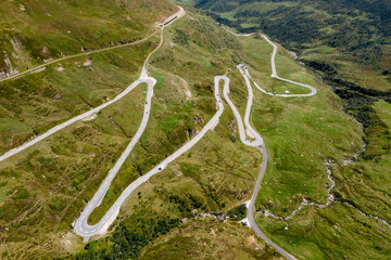 Oberalp pass serpentine mountain road in swiss Alps, Switzerland.