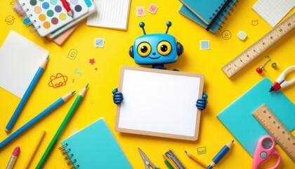 Cute blue robot holding blank sign surrounded by colorful school supplies on yellow background