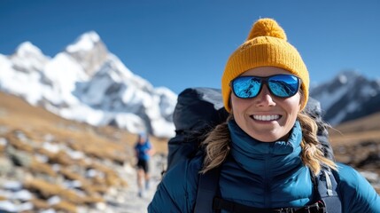 Smiling Adventurer in the Himalayas:  A female hiker,  glowing with a radiant smile,  takes a break on a mountain trail with stunning snow-capped peaks rising in the background.