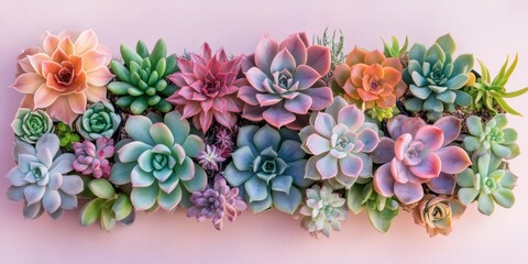 Succulent plants arrangement on pastel colored background. Potted succulent house plants. Flat lay, top view, copy space