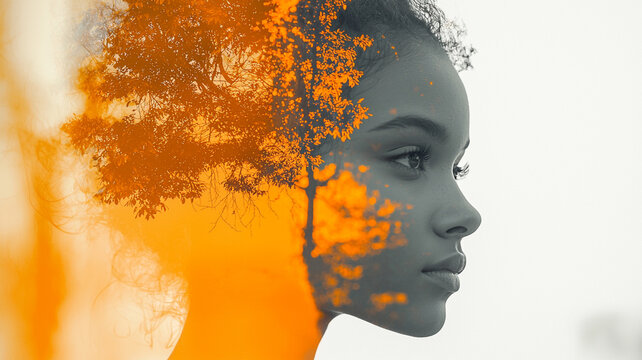 Woman Nature Double Exposure Autumn Tree Profile Orange Black and White