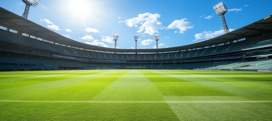 Panoramic View of Empty Stadium on Sunny Day Green Grass Field in Vibrant Sports Arena