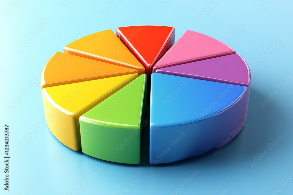 Poster Colorful segmented pie chart made of plastic pieces on a blue background for educational purposes and visual representation of data