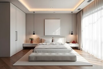 A sleek, minimalist bedroom with soft white decor, subtle red accents, and dim lighting.