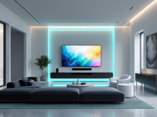 Fototapeta premium Modern minimalist living room with ambient lighting and large tv display