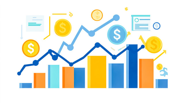 Business financial development, highlighting consistent profit growth with upward trending graphs, currency symbols, corporate imagery, and strategic financial planning