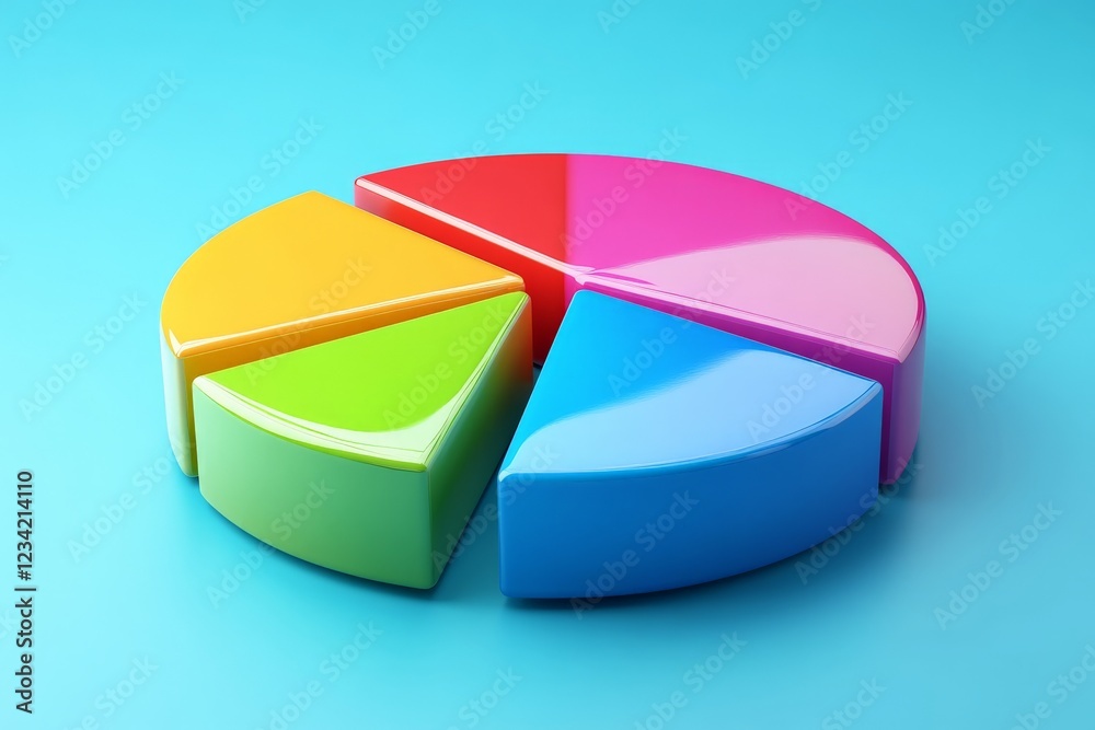 Poster colorful pie chart model illustrating data representation on a bright blue background