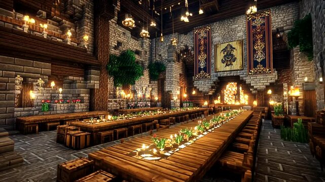 Medieval Banquet Hall, Candles, Feast, Stone Walls, Game, Interior, Design