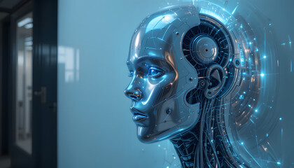  illustration of holographic human face in the wall, robotic head made of glossy iridescent material.