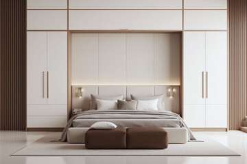 modern bedroom with sleek design beige headboard gray duvet