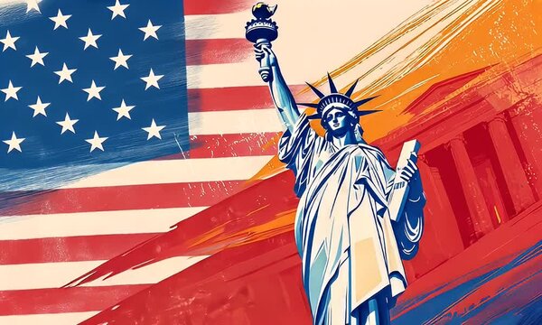 Liberty Statue, American Flag, Capitol Building, Patriotism, History illustration