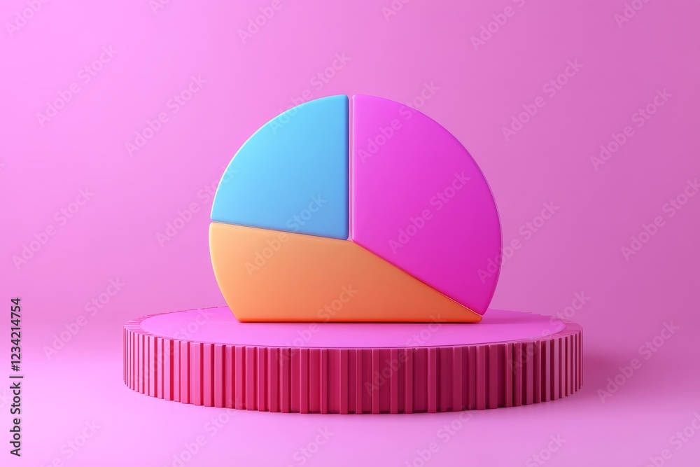Poster colorful 3d pie chart on a pedestal against a vibrant pink background showcasing data representation