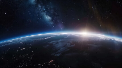 Fototapeta premium A breathtaking view of Earth from space, glowing sunrise on the