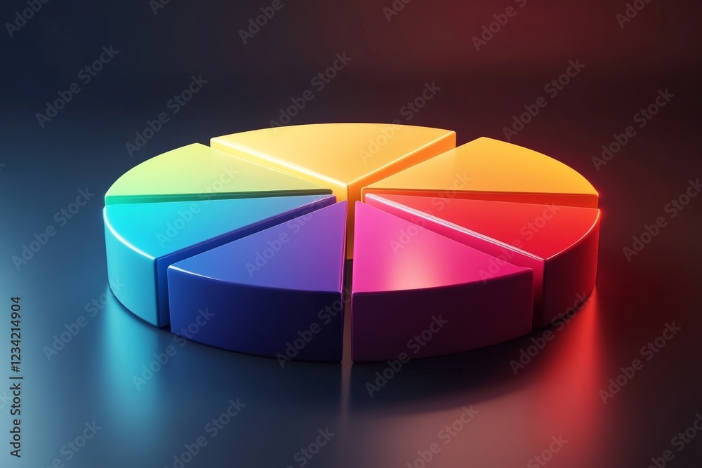 Poster colorful pie chart model with distinct segments illuminated against a dark background, showcasing a 