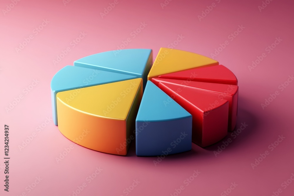 Poster Colorful pie chart model representing data distribution on a pink background for educational purposes