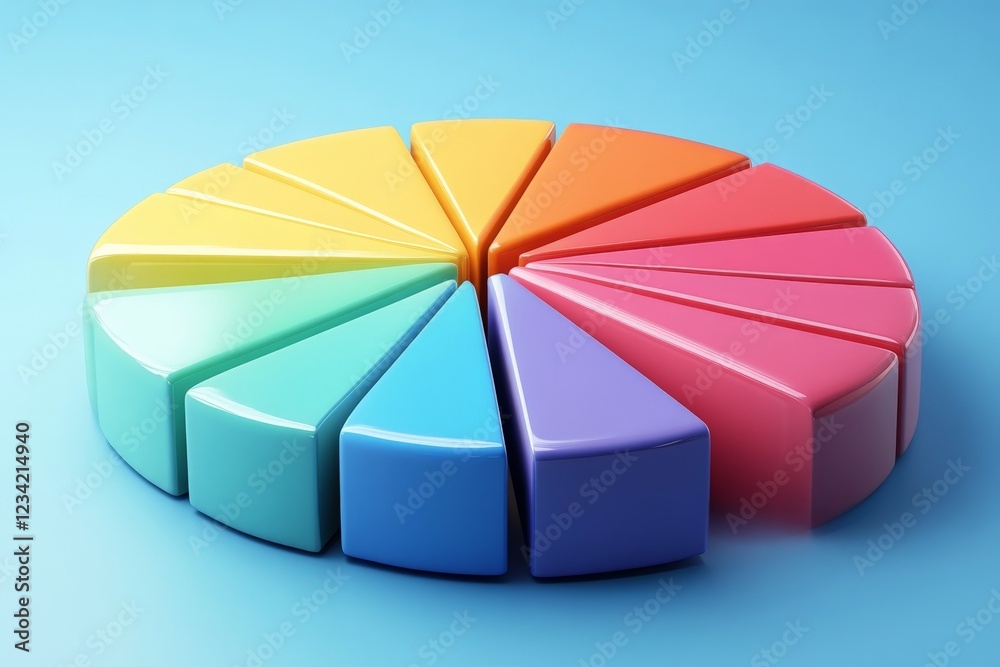 Poster colorful pie chart made of geometric shapes on a light blue background representing data visualizati